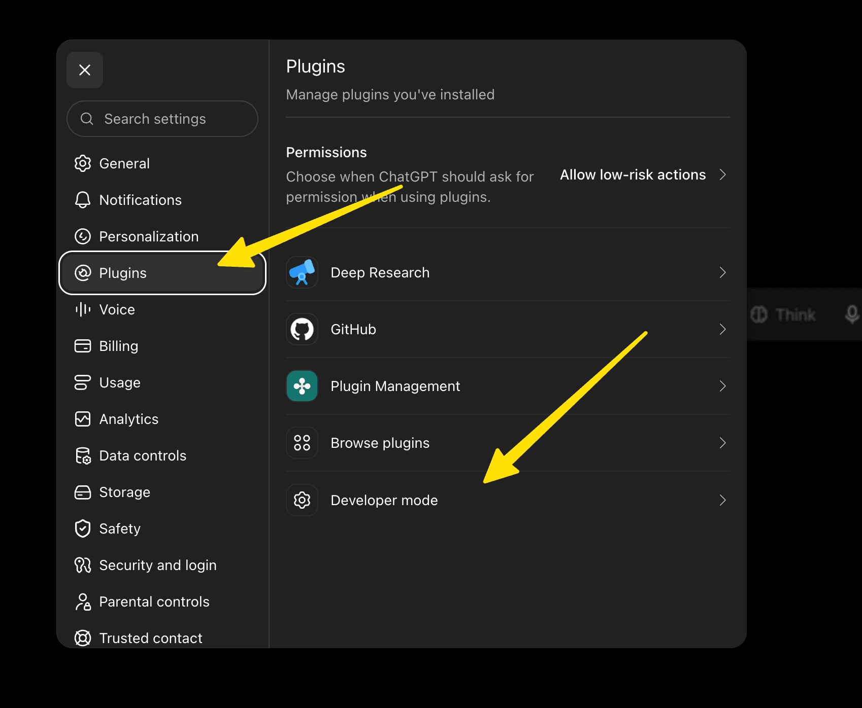 In Settings, select Plugins, then Developer mode.