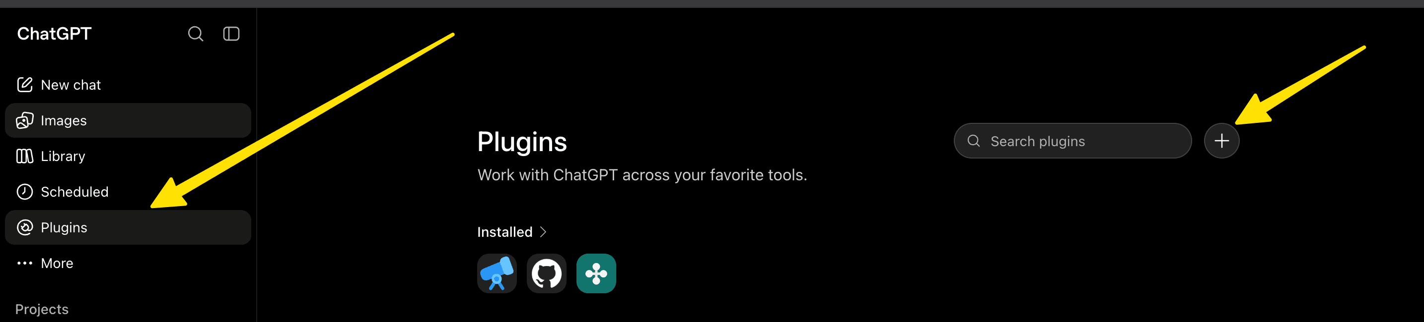 Close Settings, open Plugins in the sidebar, and select the plus (+) button.