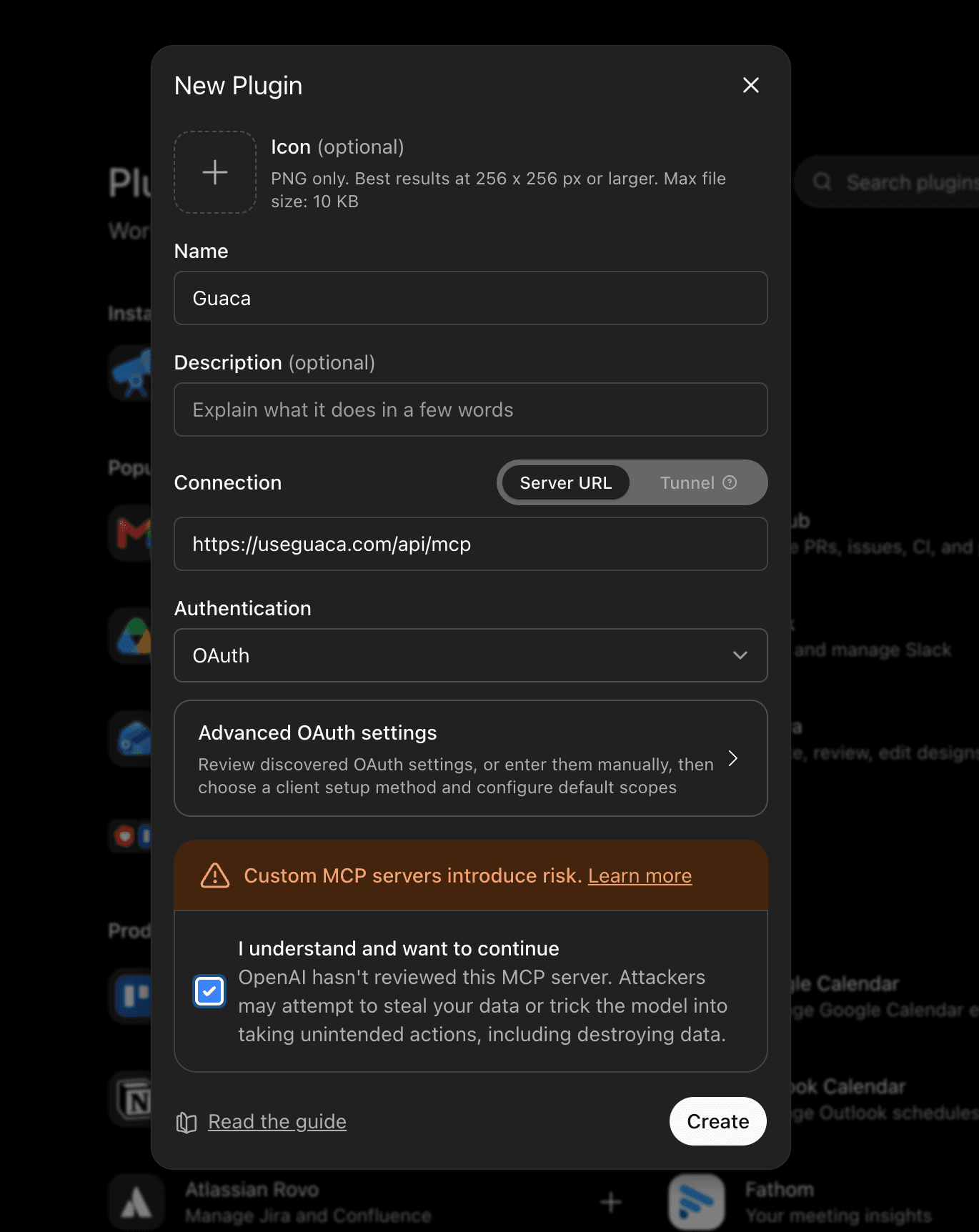 Enter Guaca as the name and https://useguaca.com/api/mcp as the Server URL. Choose OAuth, review the notice, check the acknowledgment if you agree, and select Create.