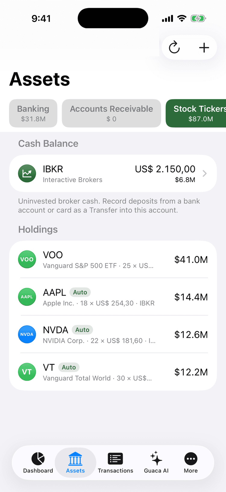 Stock Tickers chip with holdings grouped by account
