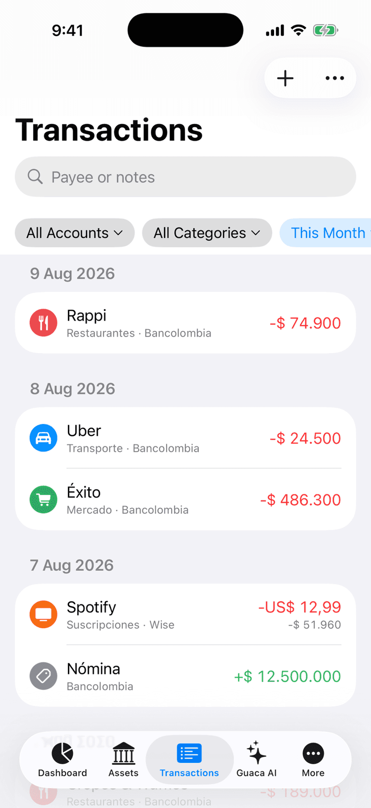 The Transactions tab on iPhone with day groups, search and filter chips