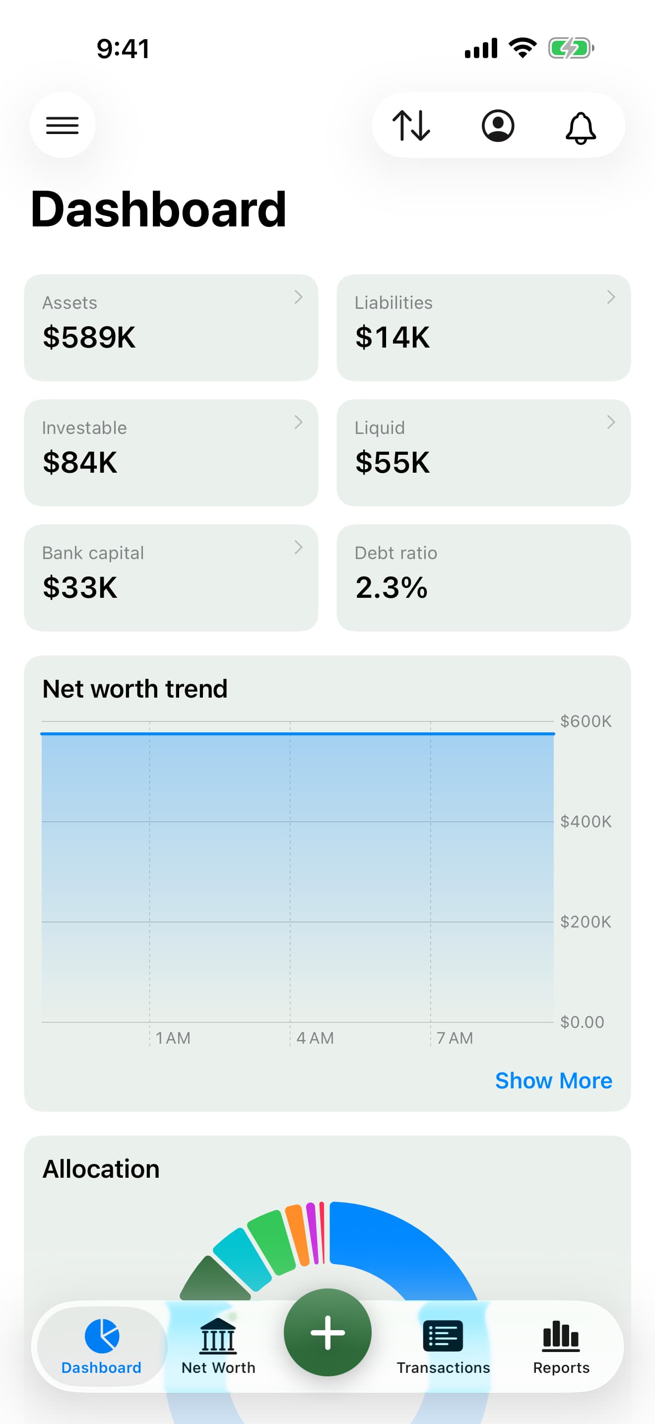 Guaca iPhone net worth dashboard with fictional demonstration data